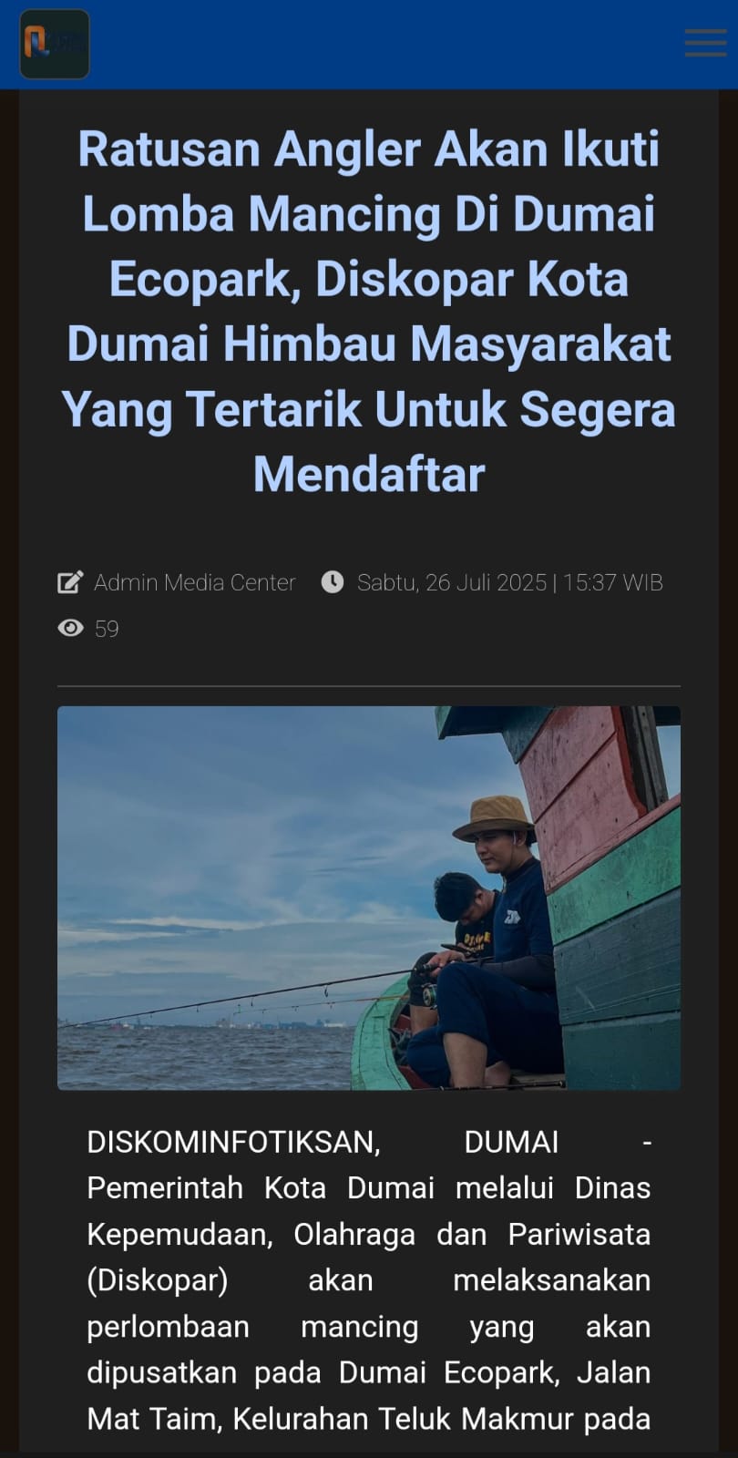 Ratusan Angler Akan Ikuti Lomba Mancing Di Dumai Ecopark, Diskopar Kota Dumai Himbau Masyarakat Yang Tertarik Untuk Segera Mendaftar